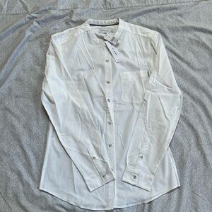 Collarless White Long-Sleeve Button-Up